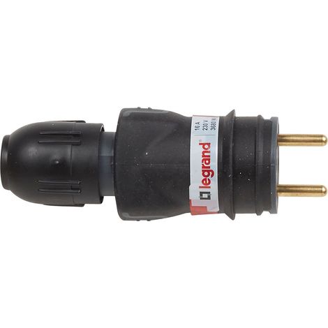 Legrand – Fiche mâle caoutchouc 2P+T 16A – Connexion automatique IP44 – Résistance mécanique IK08 – Tenue à la traction 30 kg – Pour câbles H07 RNF 3G 2,5 mm²