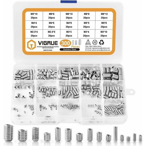 – Kit de 300 vis sans tête hexagonales en acier inoxydable M2.5 M3 M4 M5 M6 M8 – Pour travaux de précision et assemblage durable - 300PCS (1/5)