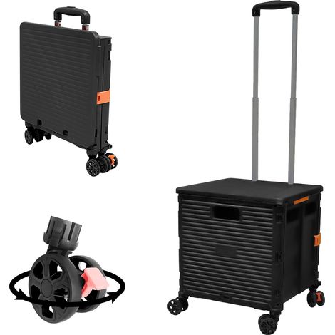 Chariot Utilitaire Pliable Portable avec poignée télescopique en Plastique Robuste et Durable, 4 Roues rotatives pour Voyage, Shopping, déménagement, Bureau (Noir) (1/5)