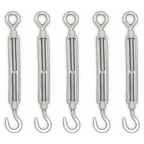 Tendeur Cable Crochet M8 (Crochet et Oeil), Tendeur Fil Acier/Tendeur Cable INOX en Acier Inoxydable 304 pour Fil a Linge, Cable Acier, Corde Acier - Lot De 5 (1/5)