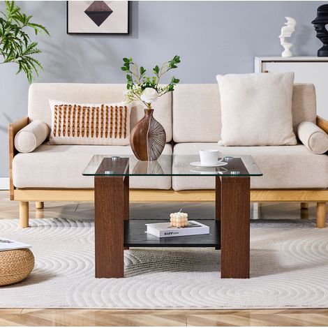 Couchtisch aus Glas und MDF in Walnuss 65 cm mit Ablagefach (1/5)