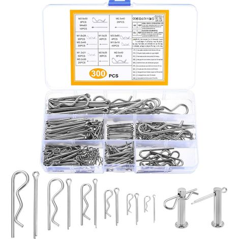 300 Pièces R Goupilles Fendues et Goupille Fendue en Acier Inox, Goupille de Verrouillage Ressorts de Montage Goupilles Clips Fendues de Sécurité pour Voitures Mécaniciens Garages Camping-cars (1/5)