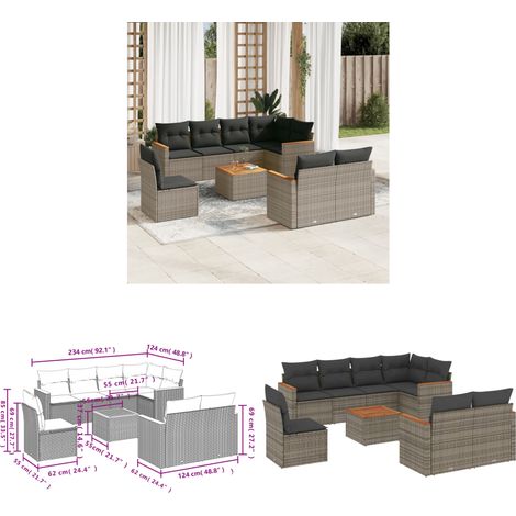 9-tlg. Garten-Sofagarnitur mit Kissen Grau Poly Rattan - Gartenmöbel Set - Esszimmergarnitur - Outdoor Möbel - Lounge Sofa - Rattan Gartenmöbel - Home & Living (1/3)
