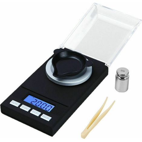Báscula de precisión para joyería de 50 g x 0,001 g con pantalla LED, electrónica multifunción, de cocina y de bolsillo con pesa de calibración, de DEBUNS. (1/5)