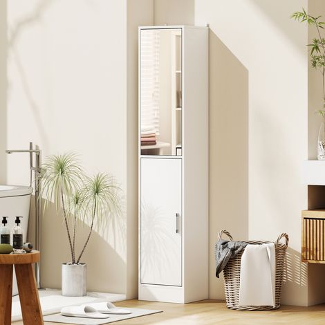 Meuble colonne salle de bain avec miroir niveaux 2 portes étagères réglables blanc meuble de rangement à 6 32x28x162cm conception robuste