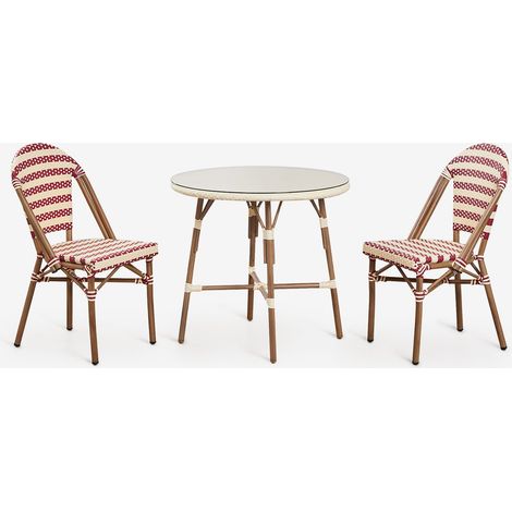 Ensemble table ronde Ø80 cm et 2 chaises de salle à manger empilables en aluminium Brielle Bistro SKLUM Rouge Bordeaux - Beige Crème (1/5)