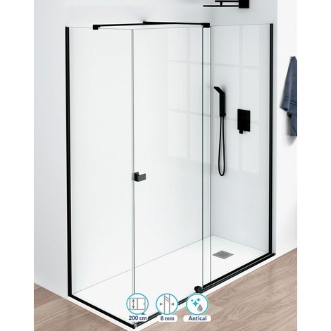 Mampara Ducha Rectangular Frontal Corredera 1 Puerta 1 Fijo Cristal Templado 8mm Transparente Altura 200cm Perfil Negro Mate 190 cm (Adaptable 187-192cm) X 90 cm (1/5)