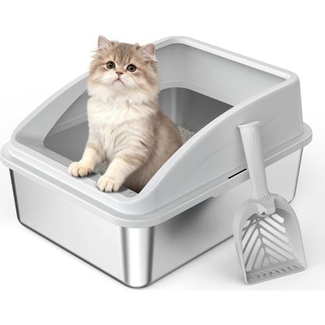 Cat Litter Tray 18L Stainless Steel Cat Litter Tray with Scoop - Metal Litter Tray with Side Wall High Leak-Proof Box for Cats, Newborns, 43 x 13 x 20 cm (1/5)