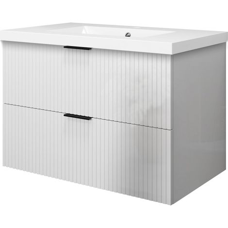 Meuble de salle de bain suspendu 80 cm, 2 tiroirs, avec vasque,MDF blanc brillant