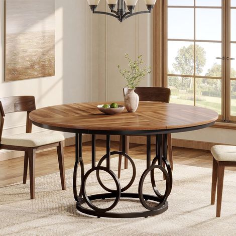 Tribesigns 47-Inch Round Dining Table, Wood Kitchen Table with Sturdy Metal Base for 4-6 People, Large Circle Dinner Table for Dining Room, Kitchen, Living Room (Brown & Black, Only Desk) (1/5)