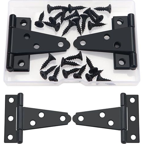 4 Pièces 50mm Charnières en T Détachées pour Porte de Grange, Métallique avec 24 Vis, pour Portes, Fenêtres, Abris de Jardin, Clôtures Extérieures, Noir (1/5)
