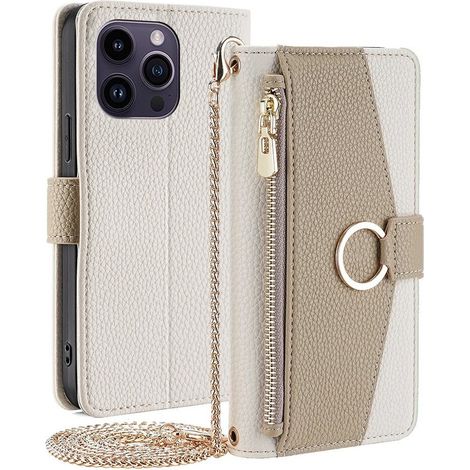iPhone 15 Pro Klapphülle, Brieftaschenfach mit Reißverschluss, Spiegel, Weiß (1/5)
