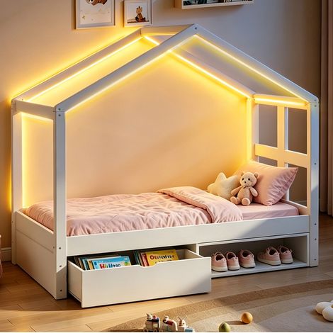 DESVIAE Lit simple cabane 90 x 190 cm avec tiroir de rangement armoire à chaussures bande lumineuse LED multicolore sommier à lattes blanc bois (1/5)