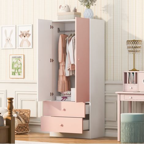 Armadio singolo 70 x 40 x 170 cm con appendiabiti e 2 cassetti rosa e bianco OKWISH (1/5)