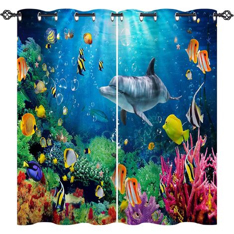 Rideau Occultant Océan Poisson Dauphin Coraux Rideau Thermique Isolant Draperies Intérieurs Tenture Opaque à Oeillets pour Maison Chambre Salon Fenetre 2 Pièces L 77 x H 160 cm - 77L X 160H cm (2 Pann (1/5)