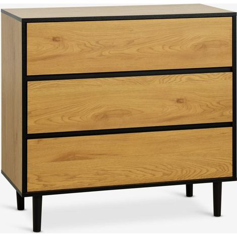ORION91oficial® - Cómoda  Recibidor  Estilo Industrial  Tablero Aglomerado - Pino Macizo  Acero  3 cajones  90x85x45 cm  Color Roble Cálido/Negro - spaziOrion91