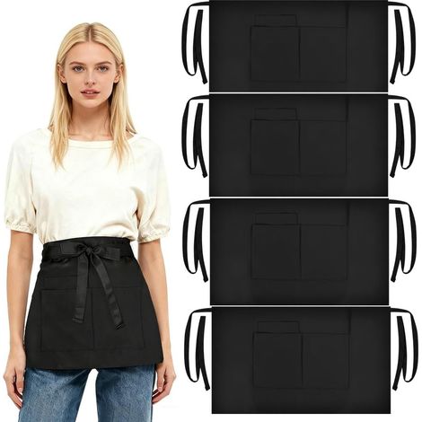 Set di 4 grembiuli neri – 70×40 cm – Policotone – Grembiuli da cucina con 3 tasche – Cintura lunga regolabile (max 90 cm) – per cucina, ristorante, bar, barman, giardinaggio – Lavabili (1/5)