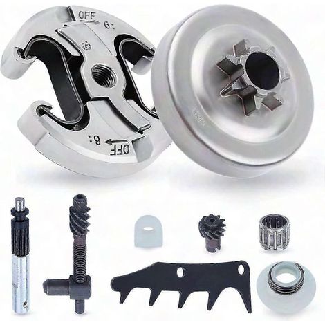 Kit de pignons pour tronçonneuses Husqvarna 445, 445II, 450 et 450II : pignon 325 à 7 dents avec pièces de rechange pour embrayage, griffe, pompe à huile et roulements. (1/5)