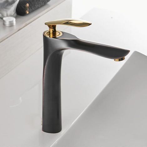 Robinet de salle de bain - Monotrou eau chaude et froide - Pour salles de bain et toilettes - Long, noir et or, 1 jeu, trou de montage 35 mm. (1/5)