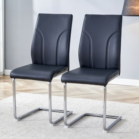 Esszimmerstühle aus schwarzem PU-Material, 2er-Set. Stuhlbeine aus silbernem Metall. Geeignet für Büros, Restaurants, Küchen, Konferenzräume und andere Umgebungen.