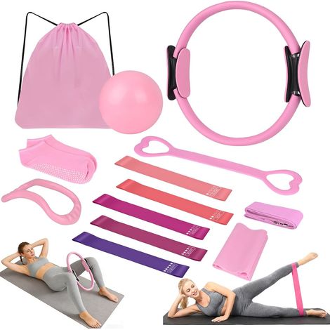 Kit Pilates Maison 13 Pièces - Inclut Cercle Pilates, Ballon Pilate, Bandes Élastiques, Poster d'Exercices et d'autres Pilates Accessoires, Ensemble Essentiel pour Le Pilates à Domicile (1/5)