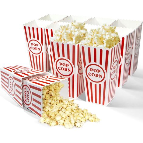 Boîtes à pop-corn classiques de 12 pièces, récipient à pop-corn en carton rayé rouge et blanc de 46 oz pour soirée cinéma - 7,8" de haut x 3,9" carré (1/5)