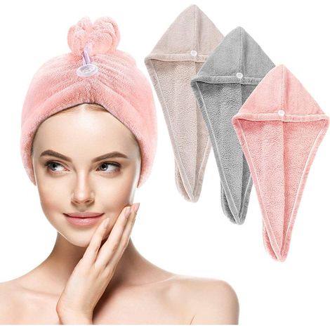 3 serviettes à cheveux en microfibre ultra douce pour femmes, super absorbantes et anti-frisottis (1/4)