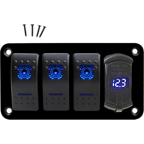Pannello di controllo a bilanciere 4 interruttori impermeabile 12V/24V con USB, voltmetro digitale e retroilluminazione blu (1/5)