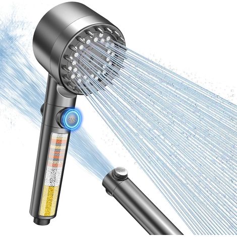 Antikalk-Duschkopf, 15-lagiger Filter, Hochdruck  3+1-Duschkopf mit Wasserspartaste, für hartes Wasser, reduziert Chlor, grau [Klasse (1/5)