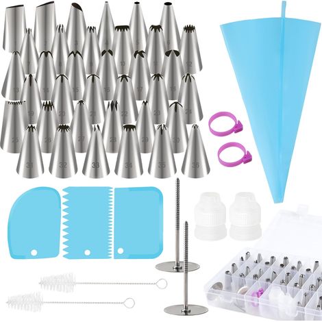 Lot de 36 douilles en acier inoxydable avec poches à douille de 30,5 cm, 2 petits coupleurs, 3 grattoirs à gâteau, 2 serre-câbles en silicone, 2 brosses de nettoyage, 2 clous et boîte de (1/5)
