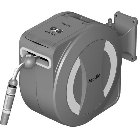 Batteriebetriebene, einziehbare elektrische Gartenschlauchtrommel, 30 m + 2 m, 180° drehbar, automatische Verriegelung und Aufwicklung, Wandbefestigung und Sprühdüse (1/5)