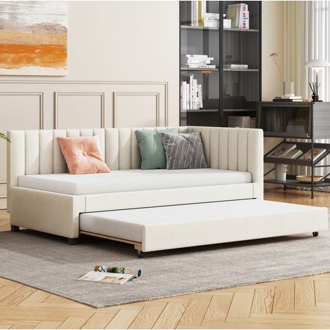 Bett Schlafsofa ausziehbar 90x200 Samt Beige HAVRYA (1/5)