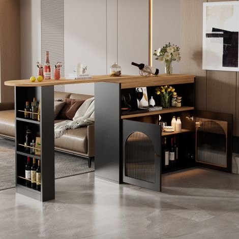 Table‑bar modulable pivotant à 360° 138‑193 x 39 x 105 cm, comptoir de bar extensible avec rangements, porte en verre et bandeau LED réglable, meuble multifonction pour salle à manger et salon (1/5)