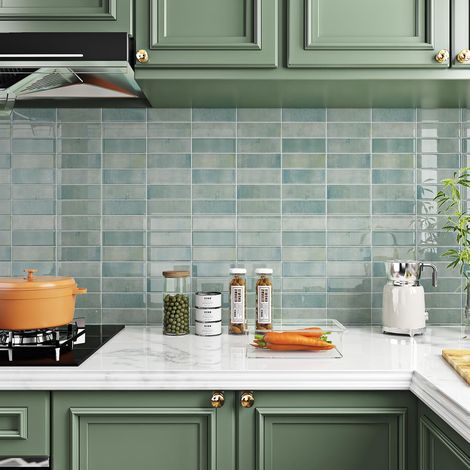 Faux Carrelage Adhesif Mural Cuisine Vert 30x30 Dalle PVC Adhesive Murale pour Salle de Bain Cheminée 16 Pièces Lavable Credence Adhesive Salle de Bain Crédence Adhésive Cuisine Vert Sauge (1/5)