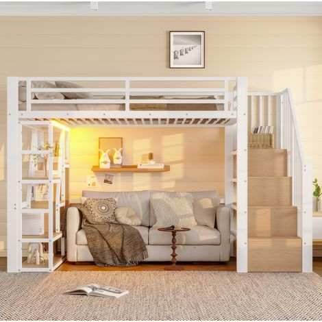 Hochbett Metall und MDF Weiß 90x200 cm mit LED-Lichtleiste, Stauraumstufen und Schutzgeländer (1/5)