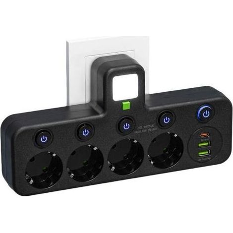 Multiprise Murale avec 4 Prises EU, 2 Ports USB, 1 Port Type C, Interrupteurs Individuels (4 Prises Noir) (1/5)