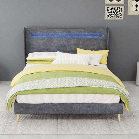 Cama matrimonio LED tapizada 140x200 gris OKMYHOME (1/5)
