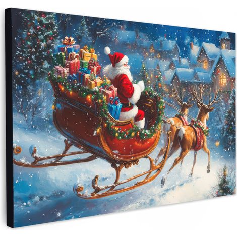 TABLEAU SUR TOILE Père Noël - Renne - Noël - Neige Toile Peinture Grand Format XXL 150x100 cm