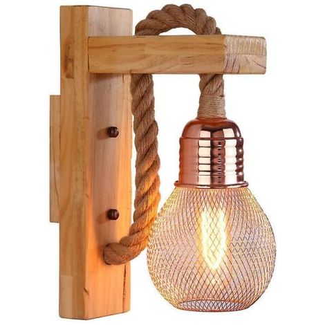 Applique murale industrielle LED en bois et corde de chanvre – Douille E27 – Éclairage doux et chaleureux pour salons et cafés (1/4)