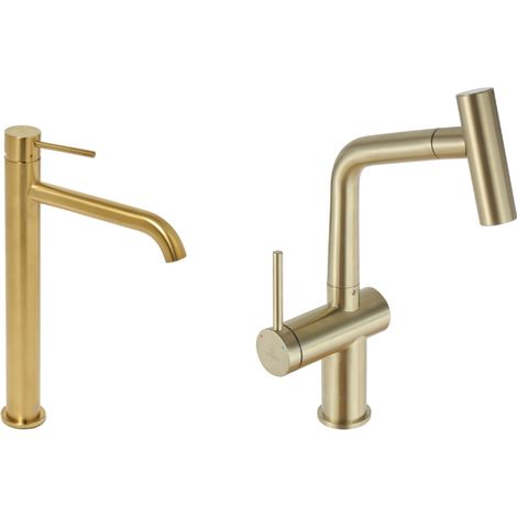 Set miscelatore lavabo alto Aurum + miscelatore da cucina Ceramia Timeless in acciaio inossidabile, doccetta estraibile, oro (S (1/5)