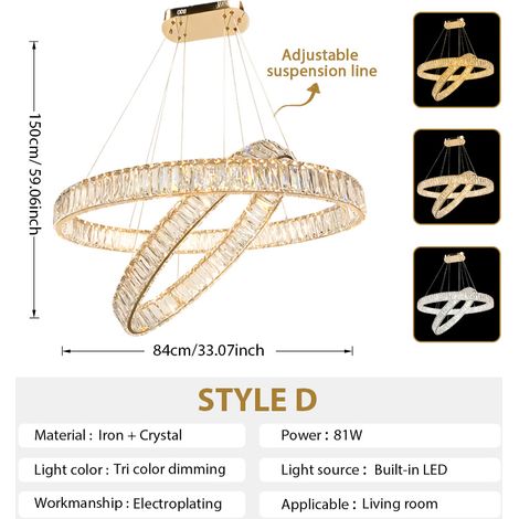 Designer LED Kristall-Ring-Pendelleuchte, Modernes Spiral-Design, 3 Lichtfarben, Goldene Luxus-Hängeleuchte