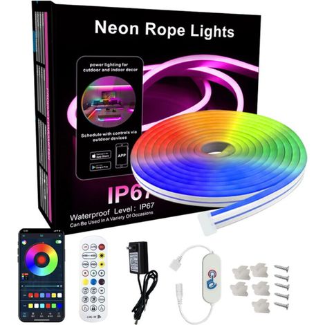 Guirlande lumineuse néon, bande LED IC+RGB, application et télécommande, étanche IP67 pour l'extérieur, synchronisation musicale, changement de couleur, conception DIY flexible