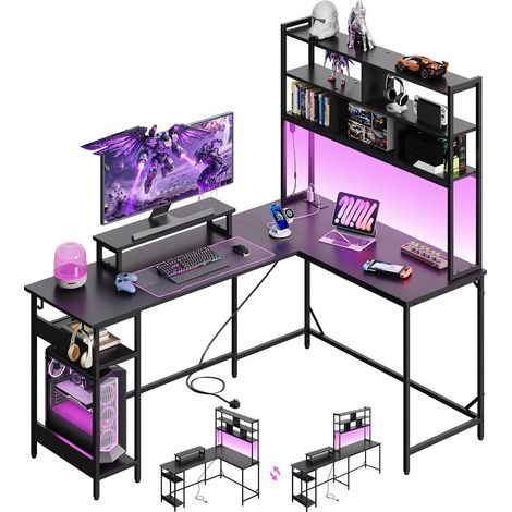 Corner Gaming Desk, with Bookcase, 167 x 120 x 161.2 cm, Black (1/5)