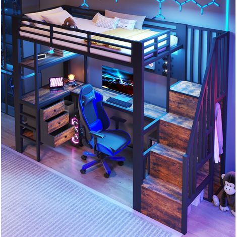 Lit mezzanine 90/200 cm noir en métal et MDF avec bureau, rangements et éclairage intégré (1/5)
