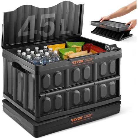Caisse de Rangement Plastique Pliable avec Couvercles 3PCS Bac de Rangement Empilable Capacité d'Une Boîte 45 L avec Poignées Grands Bacs Robustes pour Vêtements Jouets Livres Accessoires, Noir (1/5)