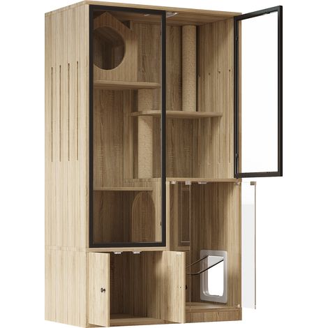 Villa pour chat d'intérieur, cage à chinchilla, enclos à chat avec petite porte verrouillable, maison en bois couleur naturelle, 90 x 50 x 160 cm, sans litière, arbre à chat et griffoir intégré (1/5)