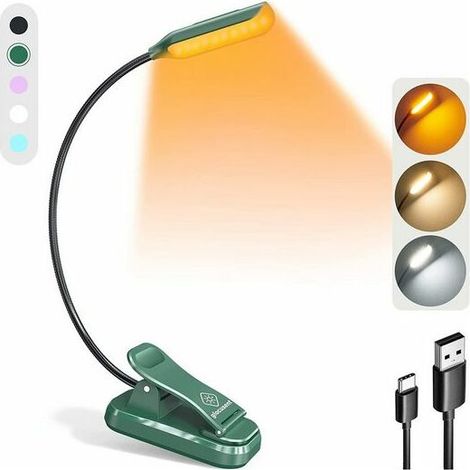 Lampe de Lecture, Lampe à pince, Lampe Chevet, Mini lampe de lecture livre, 3 couleurs et 3 niveaux de luminosité, Lumière de livre légère, Vert, KINSI (1/5)