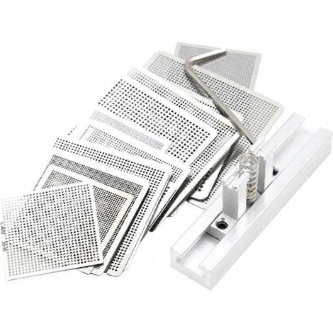 Kit de 27 pochoirs pour le placement de billes de soudure BGA sur puces d'ordinateurs portables, comprenant un poste de travail universel pour le placement des billes. (1/5)