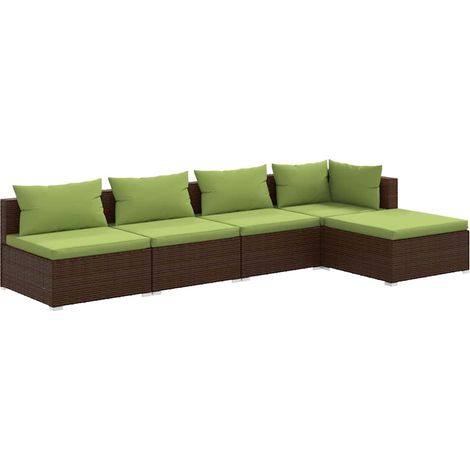 Salon de jardin canapé modulable en résine tressée marron et coussins verts 5 pièces (1/5)