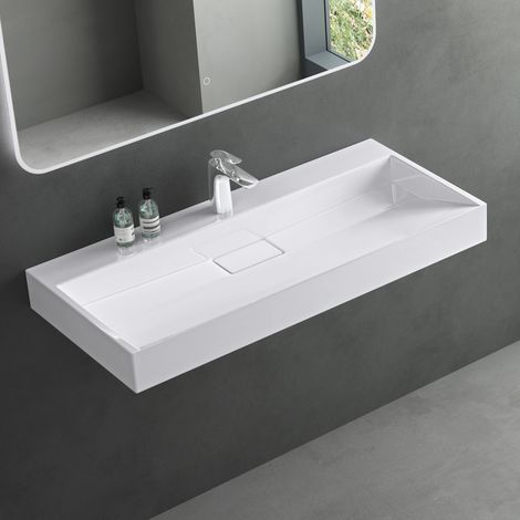 Mai & Mai Lavabo Suspendu Blanc 90x46x11cm Vasque à Poser Rectangulaire avec Perçage pour Robinet avec Bonde et Cache Bonde Col19